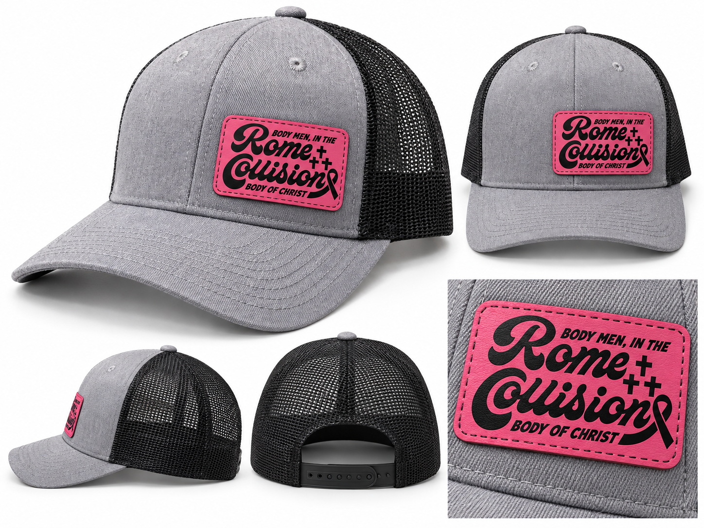 Rome Collision gray and black trucker hat with pink patch