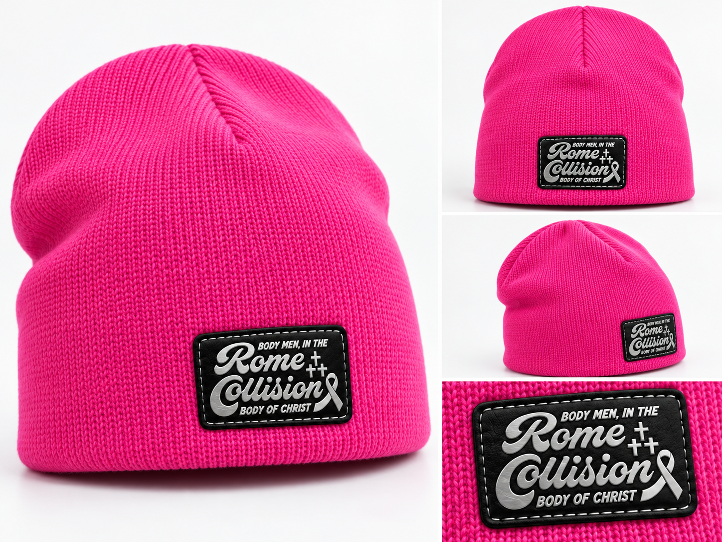 Pink Rome Collision beanie with black leather patch